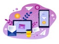 vector illustration on the theme of emails. laptop screen, smartphone and letters, envelopes Royalty Free Stock Photo